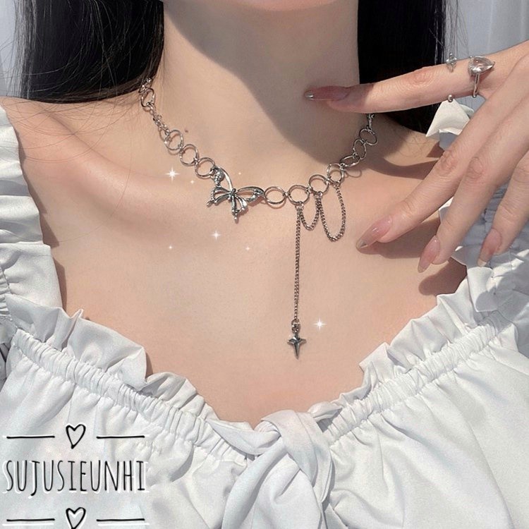 (2 mẫu)vòng cổ choker mặt tròn gắn bướm,chữ thập kèm chain