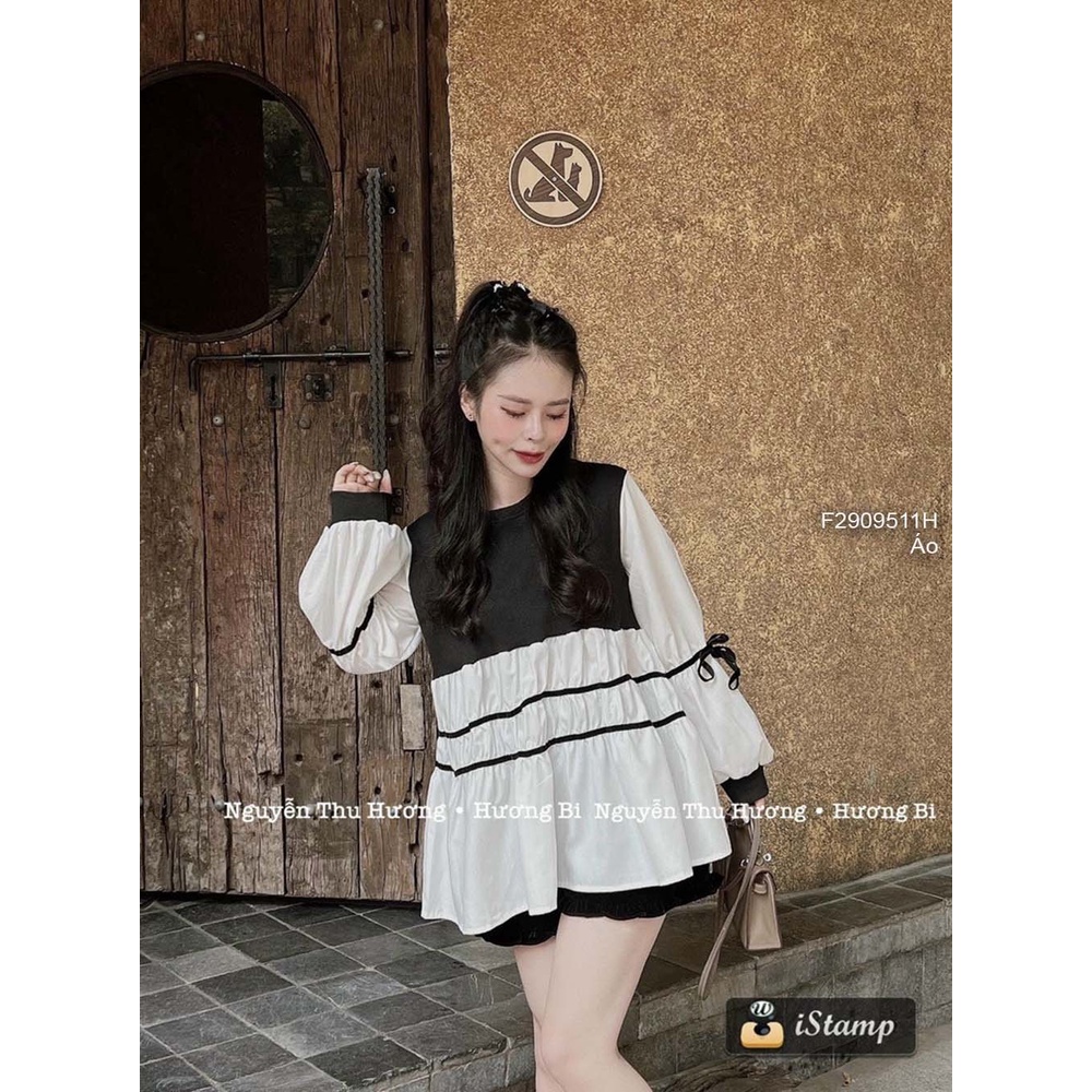 Áo kiểu babydoll phối màu đen trắng chạy kẻ sọc ngang tay dài cột nơ!