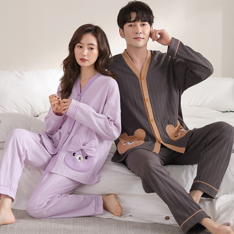 Bộ Đồ Ngủ Tay Dài Vải Cotton Kiểu Hàn Quốc Thời Trang Thu Đông Cho Các Cặp Đô