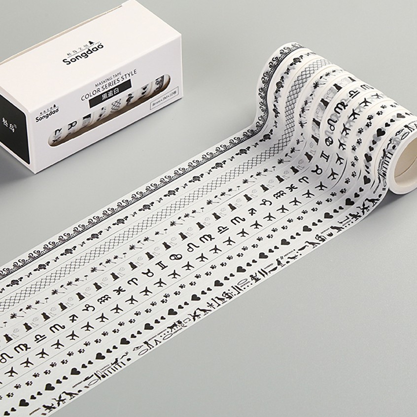 <Video Review> Set 10 Cuộn Băng Keo Dính Washi Tape Họa Tiết Cute Trang Trí Sổ Tay Nhật Kí Khay Đựng Bút D171