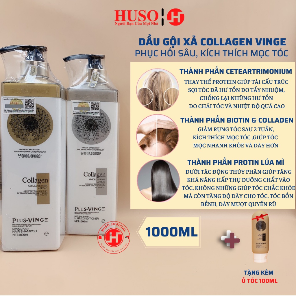 Dầu gội xả Biotin Collagen Vinge 1000ml làm dày, kích mọc tóc, phục hồi tóc hư tổn - HUSO