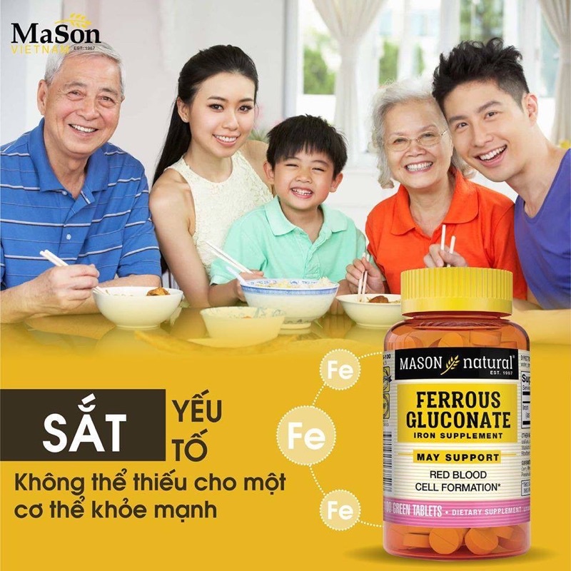 Viên Uống Bổ Máu, Tăng Tế Bào Hồng Cầu MASON NATURAL Ferrouse Gluconate 100 Viên