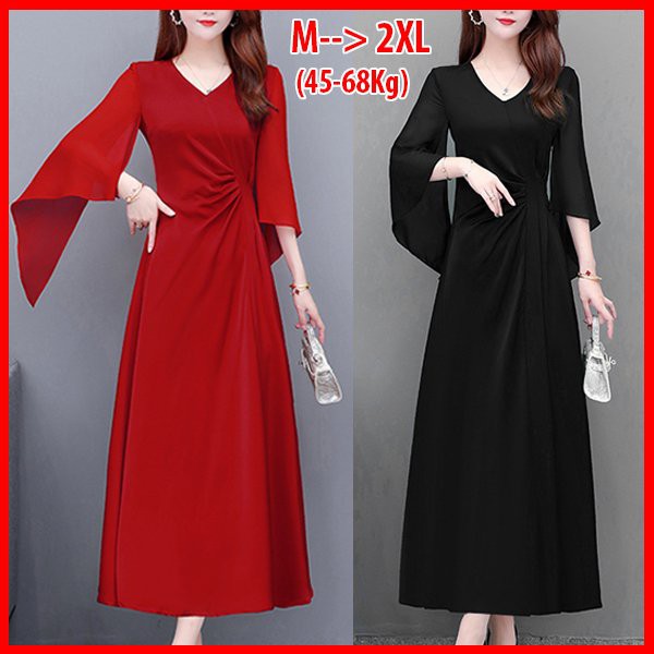 GOTI  Đầm Xòe Dạ Hội Cao Cấp Tay Cánh Tiên Dài Màu Đen Trơn, Đỏ Nhún Eo 3312