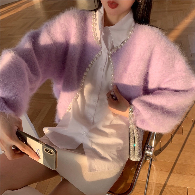 Áo sweater dệt kim tay phồng đính ngọc trai giả thời trang xuân thu 2021