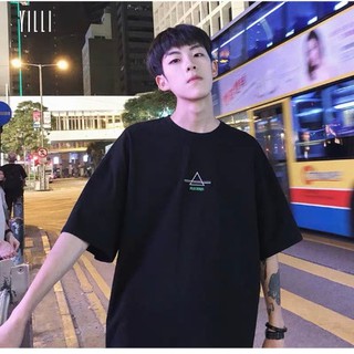 At0103 áo thun unisex phong cách hàn quốc tay lỡ, dáng rộng tam giác, áo phông cotton nam nữ 2 màu đen trắng