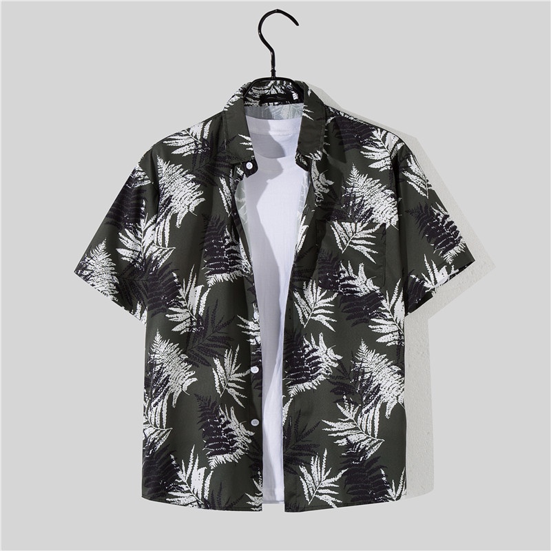 Bộ đồ gồm áo sơ mi tay ngắn + quần short chất lượng cao in họa tiết lá cây thời trang Hàn Quốc cho nam