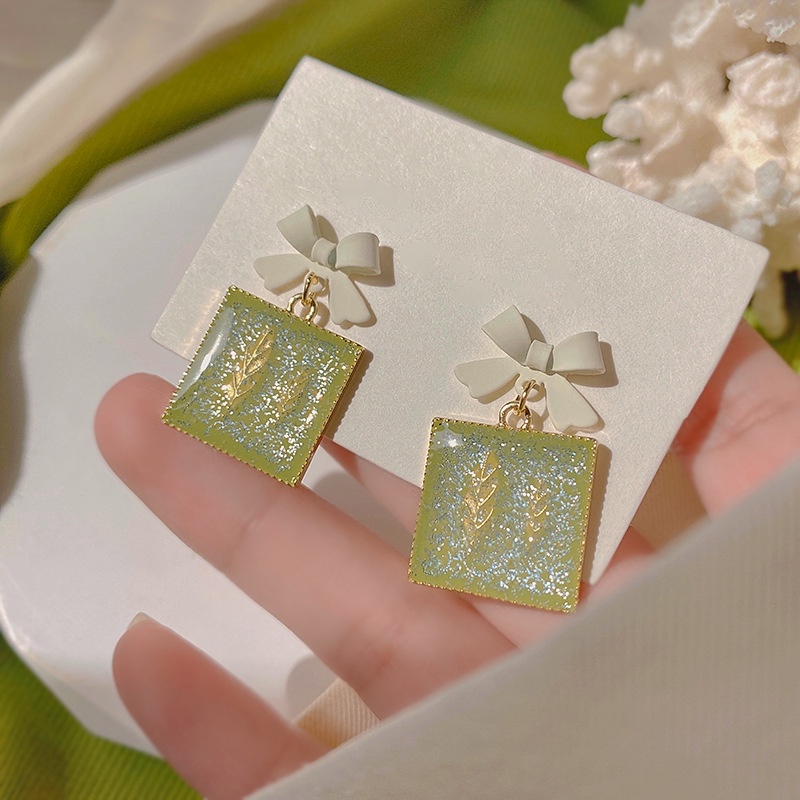 Khuyên Tai Hình Học Đính Nơ Màu Xanh Lá Cây Phong Cách Retro Nữ Tính Ngọt Ngào