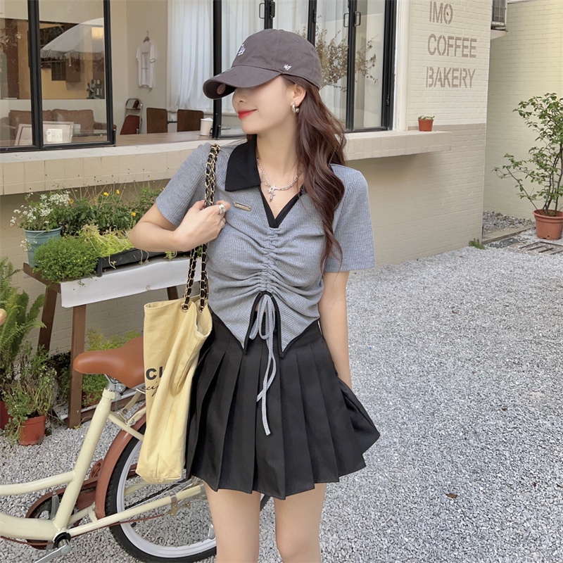 NUZIRO  Áo thun croptop tay ngắn cổ polo thời trang cho nữ