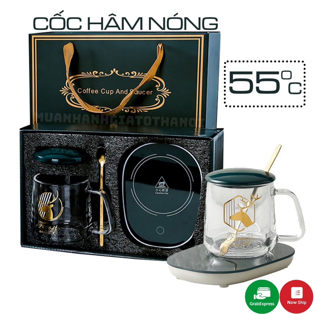 Cốc Hâm Nóng Bằng Thủy Tinh Hình Hươu, Ly Thủy Tinh Kèm Đế Điện Hâm Nóng Cafe, Sữa, Trà + Tặng Thìa Mạ Vàng Siêu Xịn