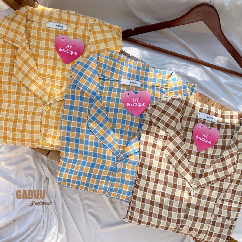 Bộ pyjama kẻ caro phong cách Hàn Quốc freesize chất thô gân xốp mềm mát - Gabuu.sleepwear