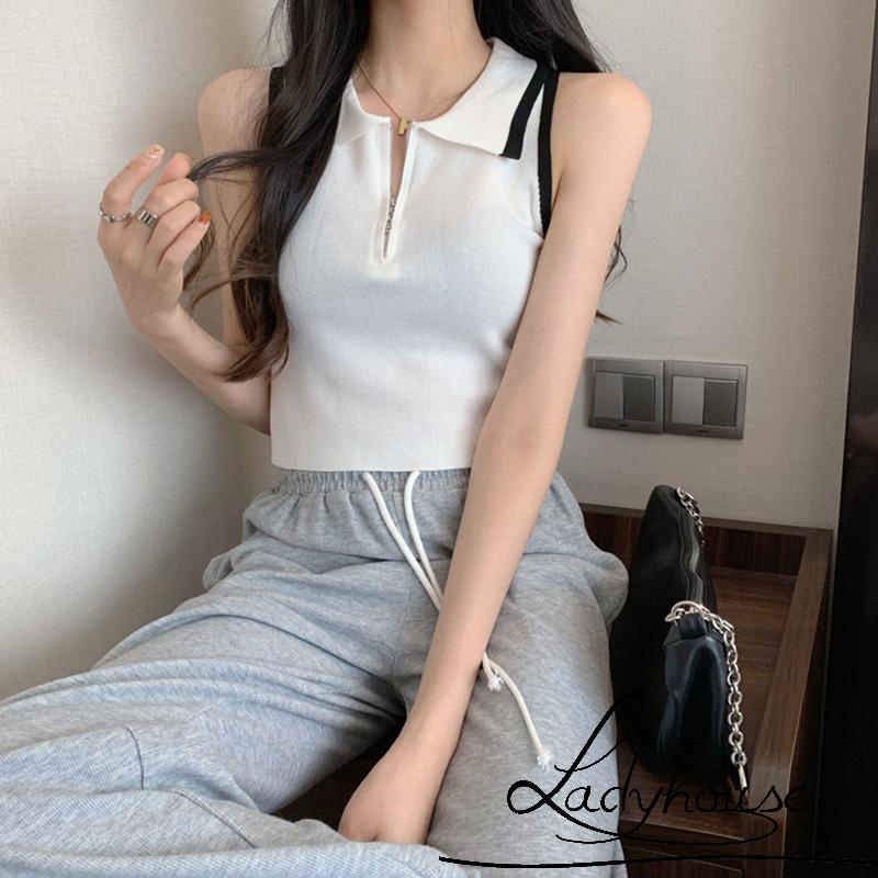 Áo Croptop Sát Nách Cổ Bẻ Cài Khóa Kéo Thời Trang Mùa Hè Cho Nữ