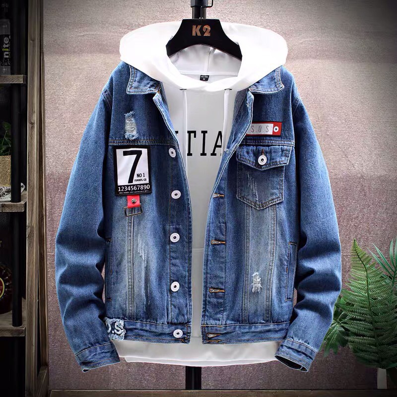 Áo Khoác Jean Nam - Aó Bò Nam Màu Xanh Phối Thêu Chữ NO07  Có Cổ Siêu Bền Đẹp