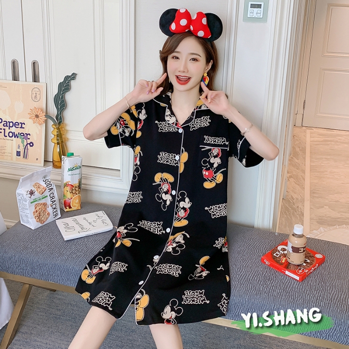 Đầm Ngủ cotton Tay Lửng Dáng Rộng Họa Tiết Hoạt Hình mickey / winnie the pooh Phong Cách Hàn Quốc Cho Nữ