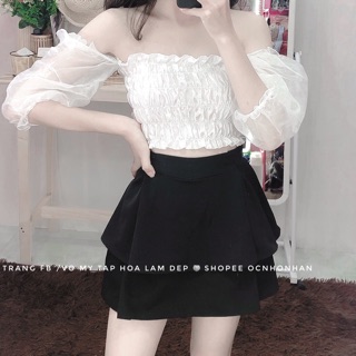 Set áo bẹt vai phối chân váy tầng