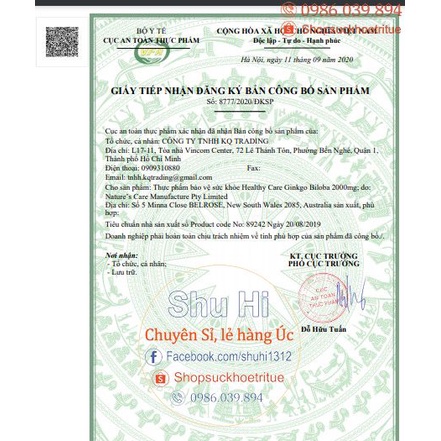 (Mẫu mới) Bổ Não, hoạt huyết dưỡng não Healthy care Ginkgo Biloba  2000mg, 100 viên Úc | Thế Giới Skin Care