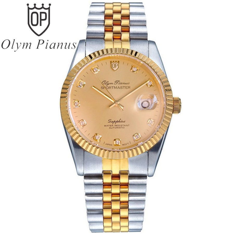 Đồng hồ nam dây kim loại mặt kính sapphire automatic Olym Pianus OP89322 OP89322AGSK vàng