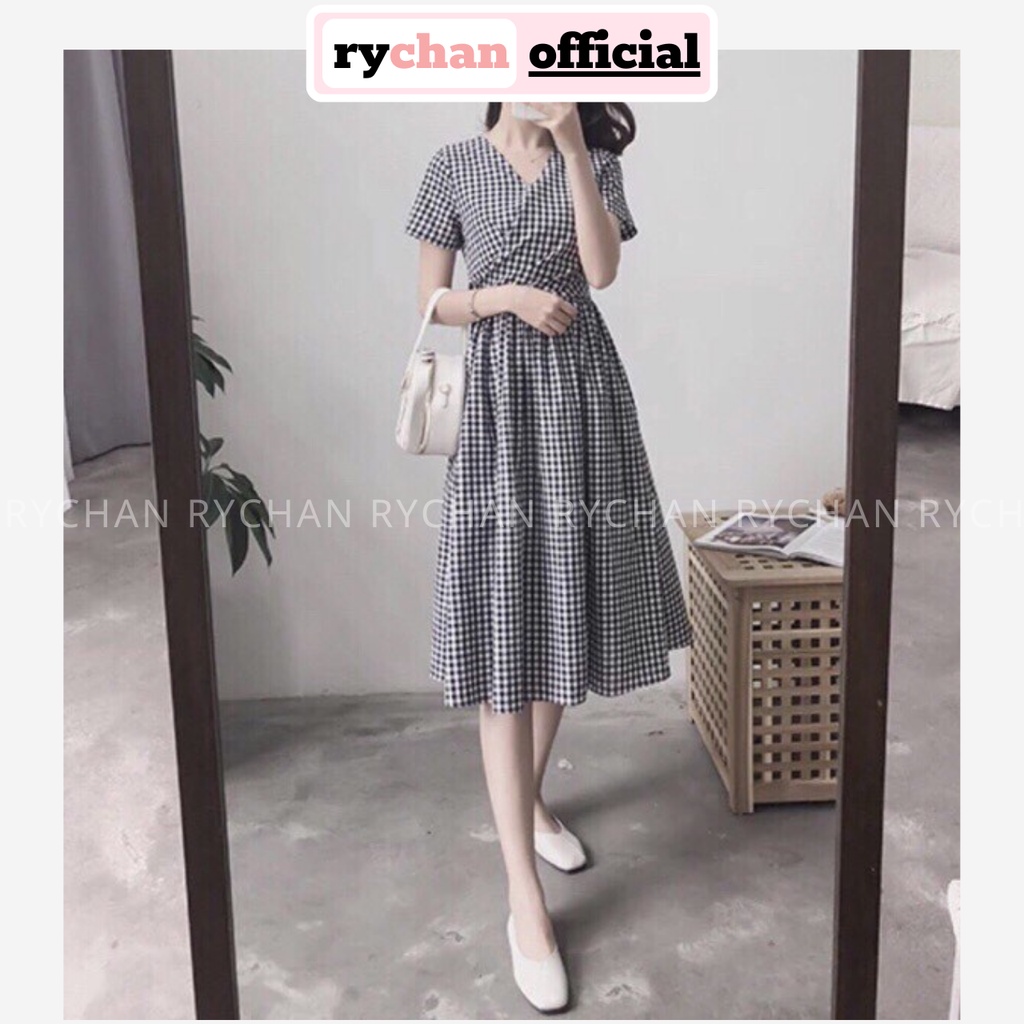 DX627 - Đầm Xòe Caro Đắp Chéo Cột Dây Sau