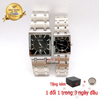 Đồng hồ nam nữ Halei máy Nhật dây kim loại màu trắng chống ghỉ chống nước chống xước mặt vuông 30mm 40mm lịch ngày 564