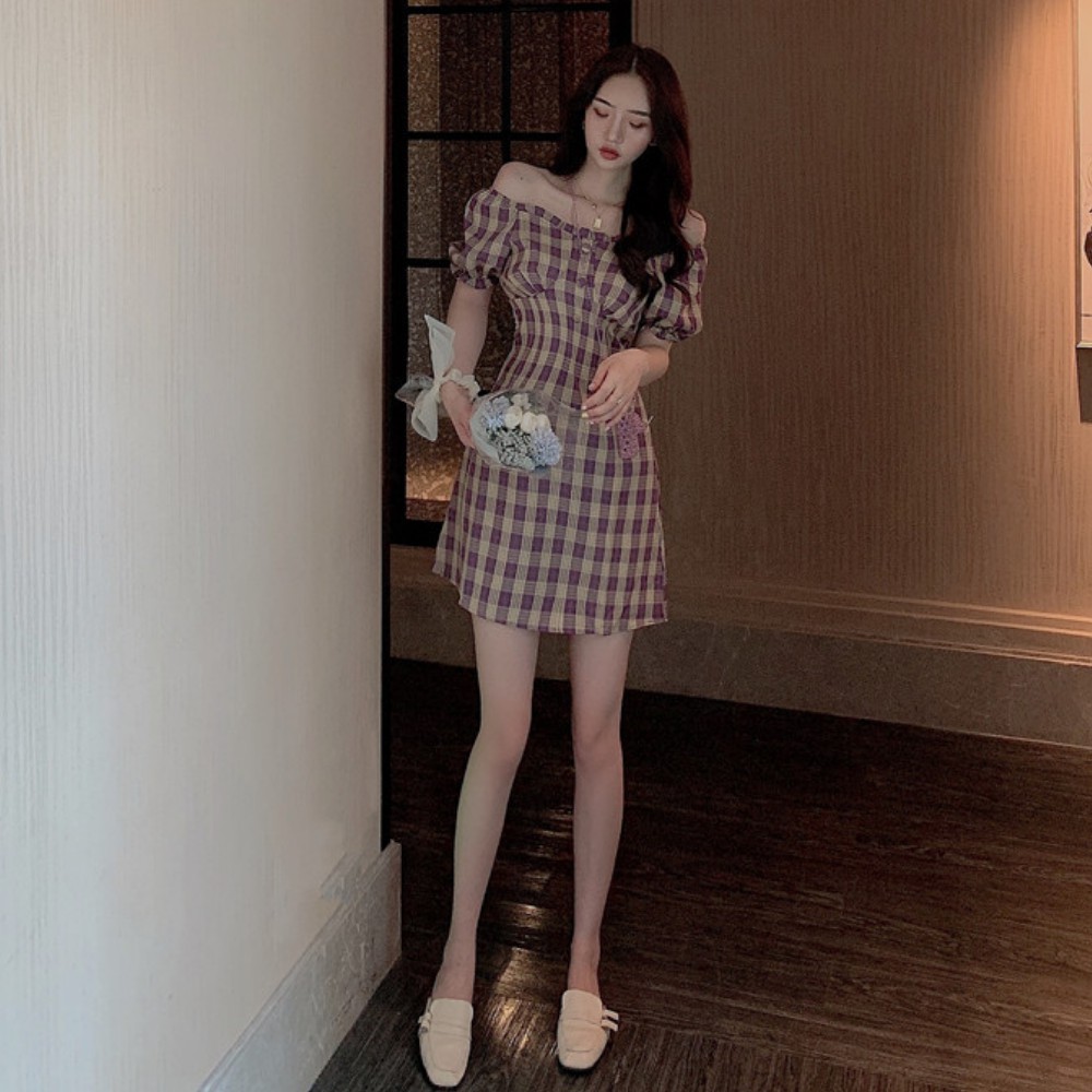 Đầm nữ , váy nữ dáng ôm tay bồng họa tiết caro phong cách retro ATILA SHOP | BigBuy360 - bigbuy360.vn