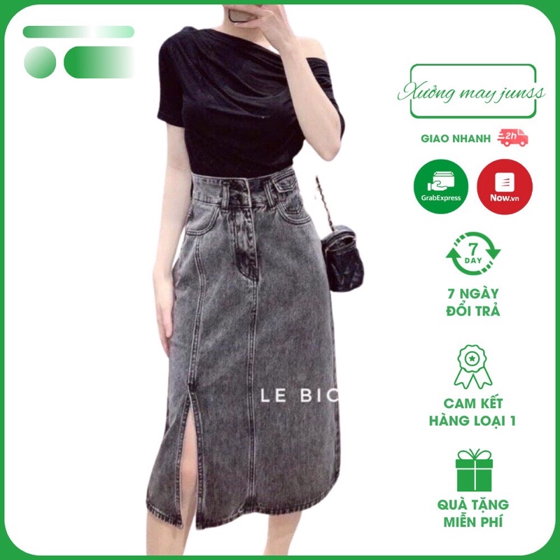 Chân Váy Jeans Dáng Dài Cạp Cao Xẻ Gấu Phong Cách Ulzzang,Chân váy bò nữ dáng dài xẻ tà