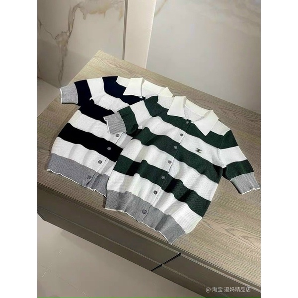 Áo len lưới cổ bẻ phối kẻ ngang 3 màu, Hàng Quảng Châu loại 1