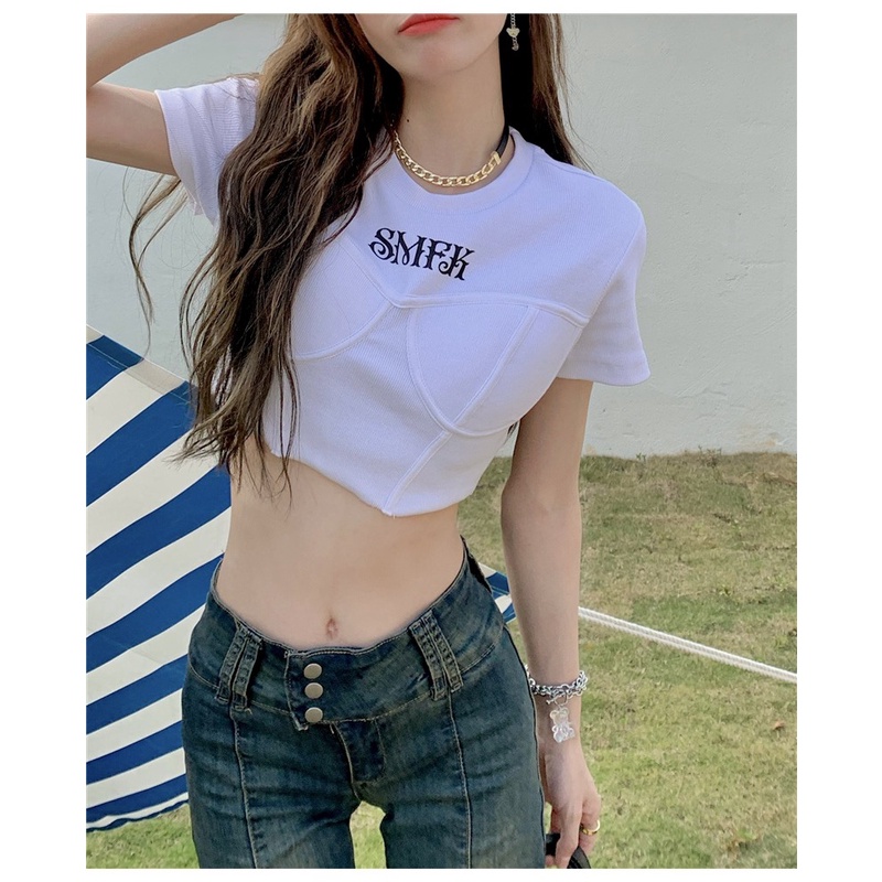 QKOOLE  Áo Thun Nữ Ngắn Tay Cổ Tròn Phong Cách Hàn Quốc