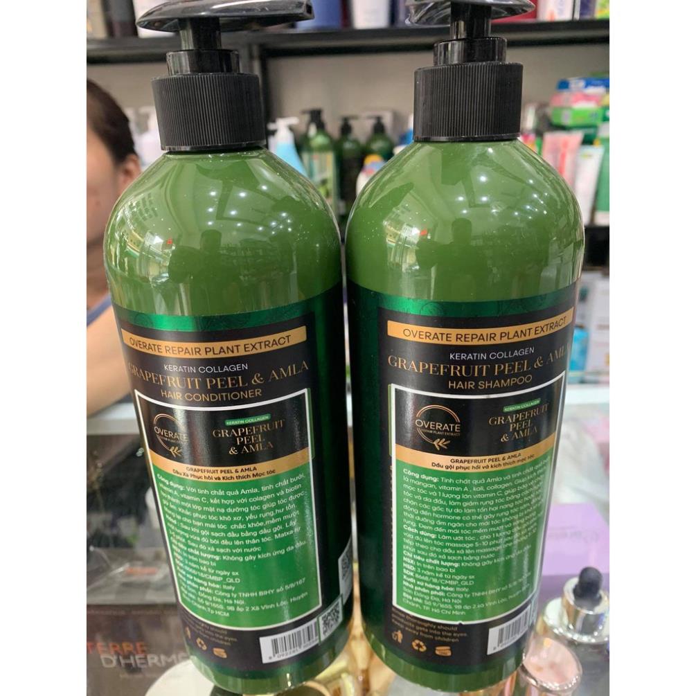 Combo Cặp dầu gội xả phục hồi kích thích mọc tóc bưởi & amla OVERATE 875ml