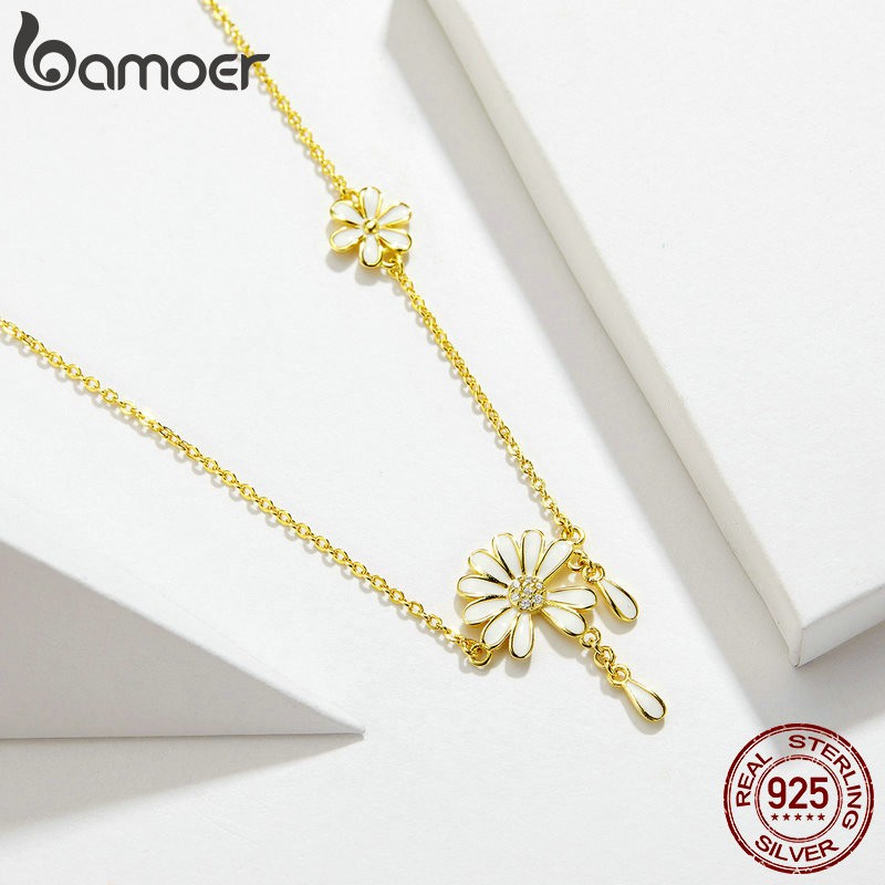 Vòng Cổ Bamoer BSN076 Bằng Bạc 925 Hình Hoa Cúc Khảm Đá Zircon Cho Nữ