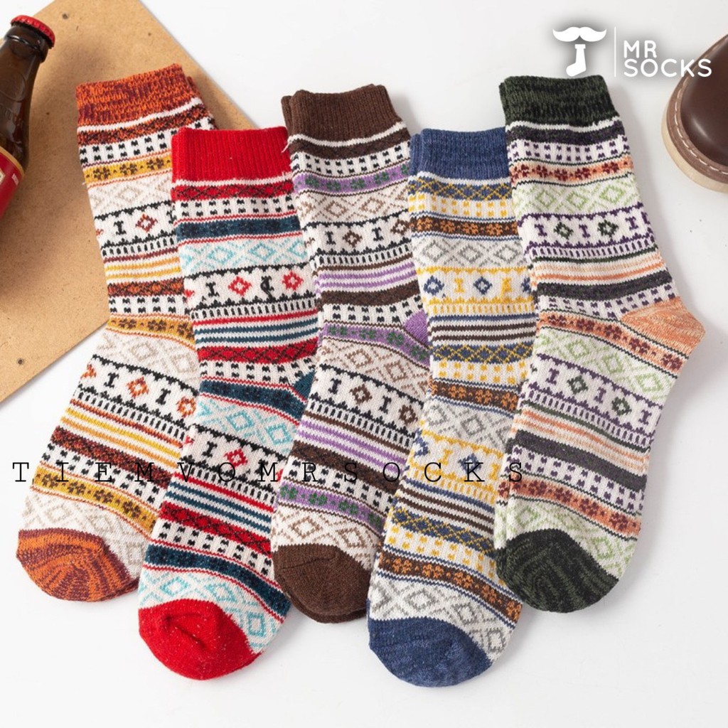 Set Vớ 5 Đôi Thổ Cẩm Cổ Cao Vintage Chất Dày Dặn Giữ Ấm Chân Tặng Kèm Túi Zip Freesize Nam Nữ 36-44 MRSOCKS