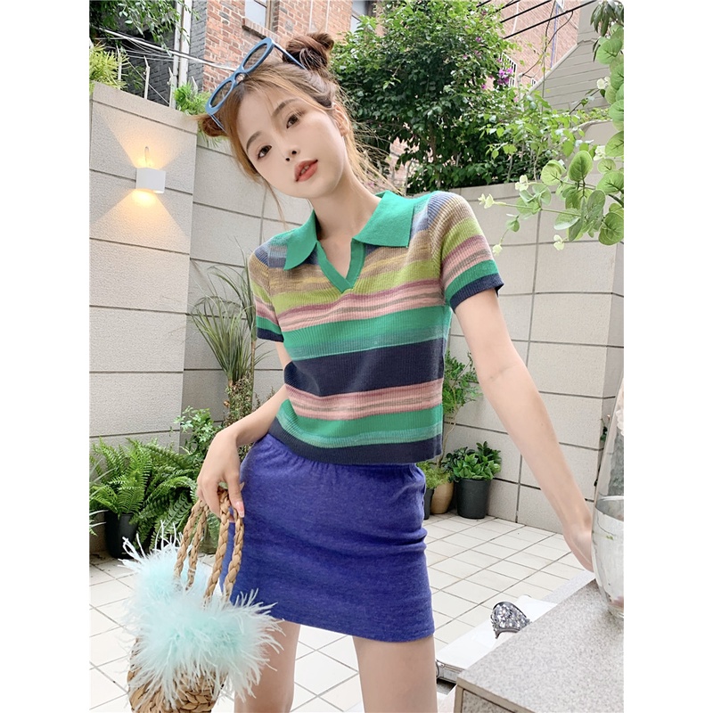 Xiaozhainv Áo dệt kim Xiaozhainv cổ polo ngắn tay họa tiết kẻ sọc thời trang hè cho nữ