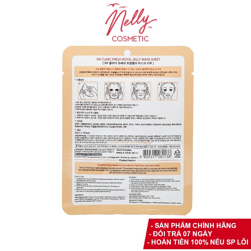 (❤️HOT SALES❤️) COMBO 10 Mặt nạ dưỡng da chiết xuất từ sữa ong chúa 3W CLINIC FRESH ROYAL JELLY MASK SHEET 23ml