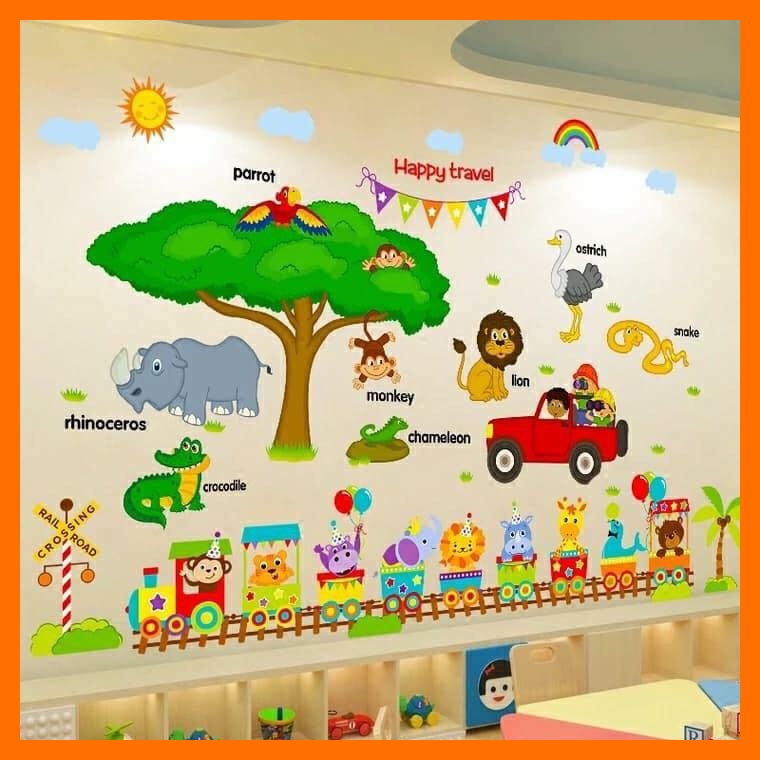 Decal dán tường combo vườn thú và đoàn tàu cho bé