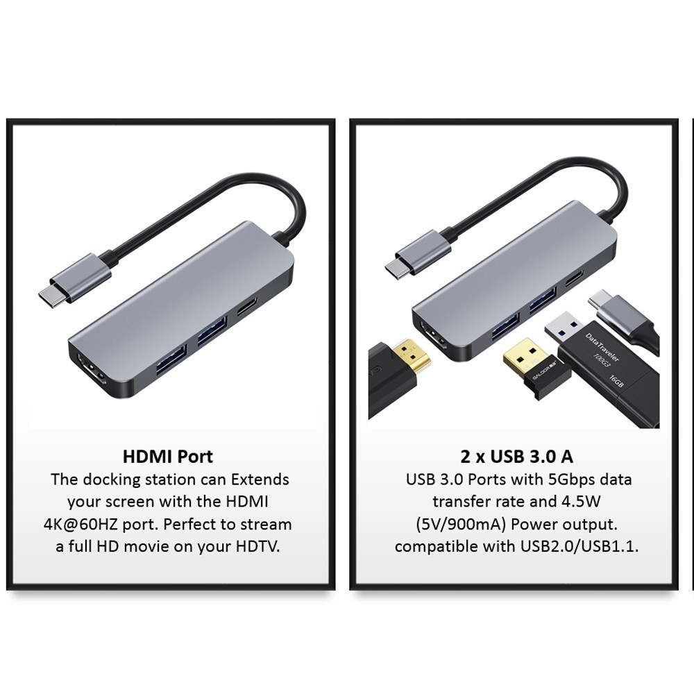 Bộ Chuyển Đổi Type-C 3.1 Sang Hd 4k Hdmi + Usb3.0X2 + Pd Hub Usb-C Cho Macbook Series