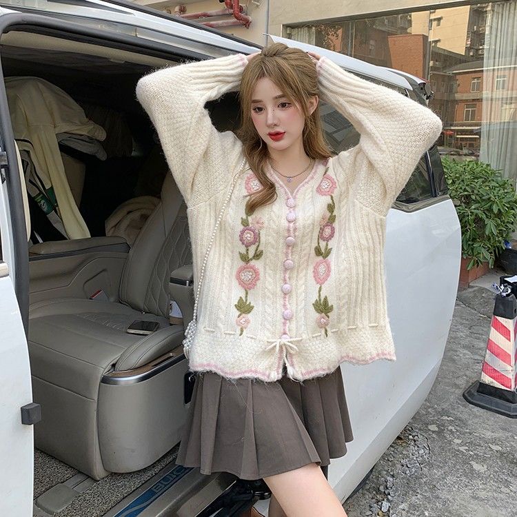 Set áo khoác cardigan dệt kim phối ren + chân váy xếp ly lưng cao thời trang xuân thu cho nữ