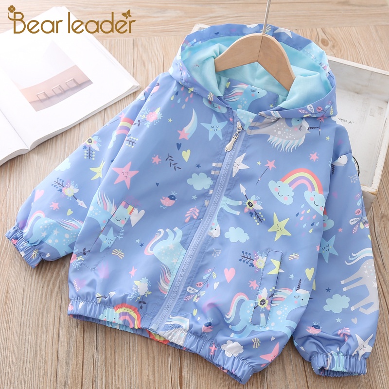 Áo khoác có nón trùm Bear Leader tay dài in họa tiết hoạt hình phong cách mùa xuân cho bé gái 3-7 tuổi