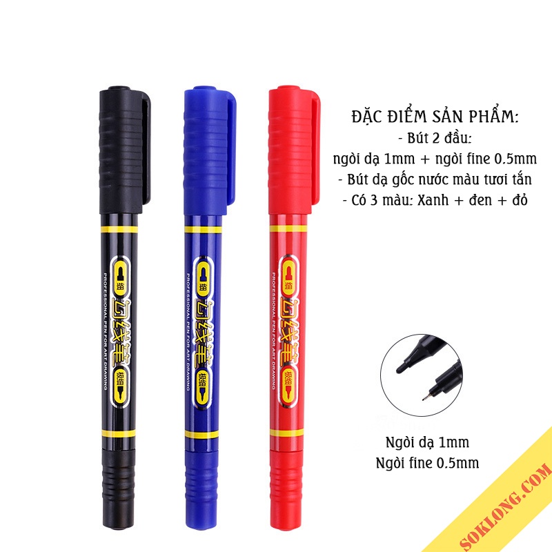 Bút dạ gốc nước 2 đầu: ngòi dạ 1mm+ ngòi fine 0.5mm, bút viết đa năng B30 MP2906