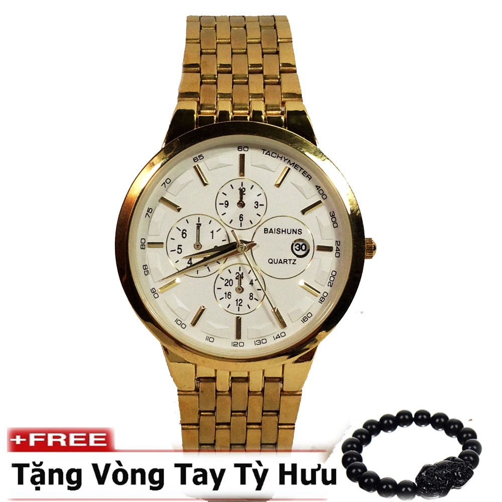 Đồng hồ nam BAISHUNS dây thép cao cấp không gỉ (Mặt trắng) + tặng kèm vòng tay tỳ hưu phong thủy | BigBuy360 - bigbuy360.vn