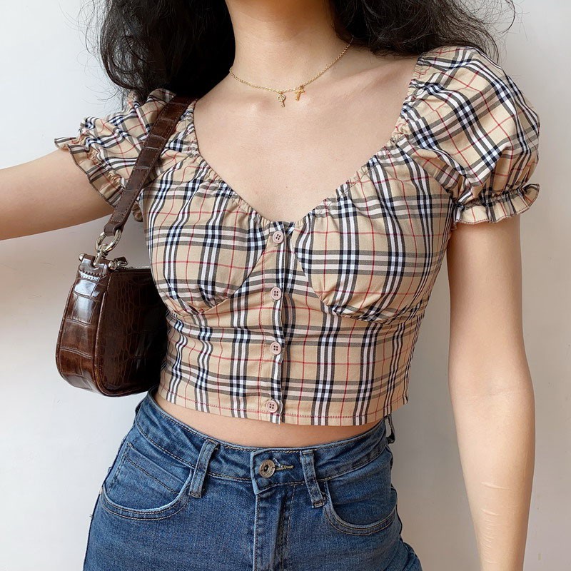 Áo Croptop tay bồng bó sát trễ vai kẻ caro phong cách cá tính