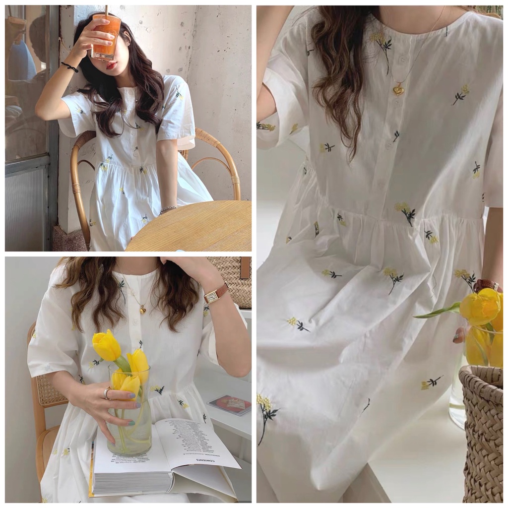 🌸 Váy trắng form suông rộng bánh bèo tiểu thư phối cổ thuyền Ulzzang 🌸