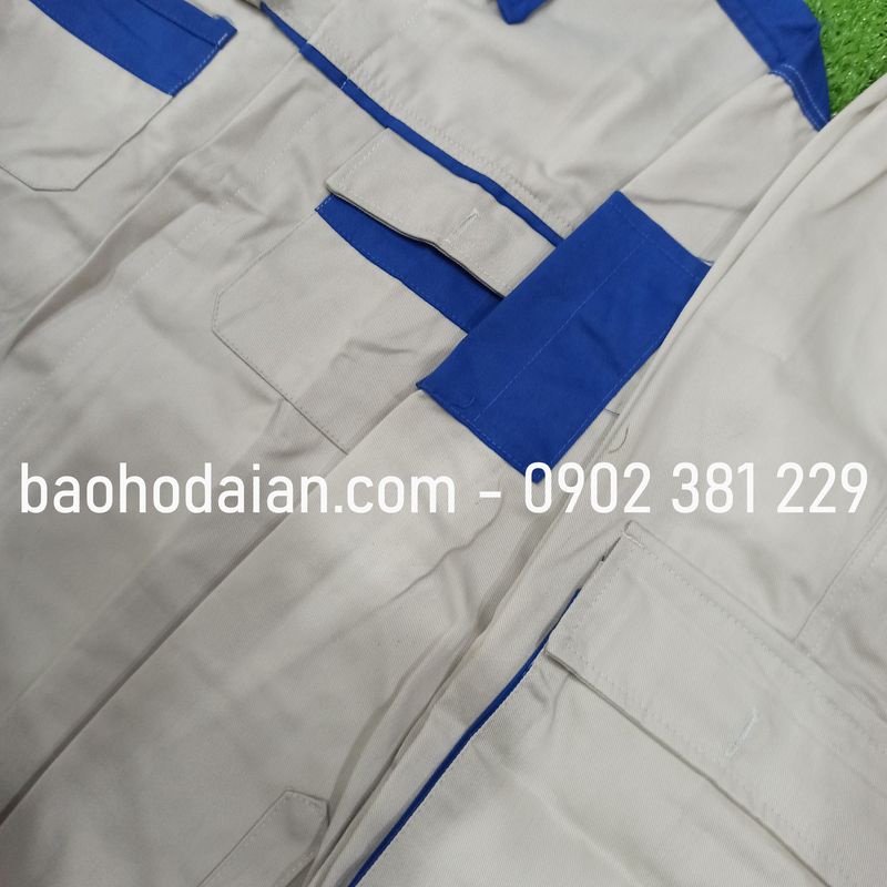 Quần áo bảo hộ lao động vải kaki 31 túi hộp ghi phối xanh dương - M02