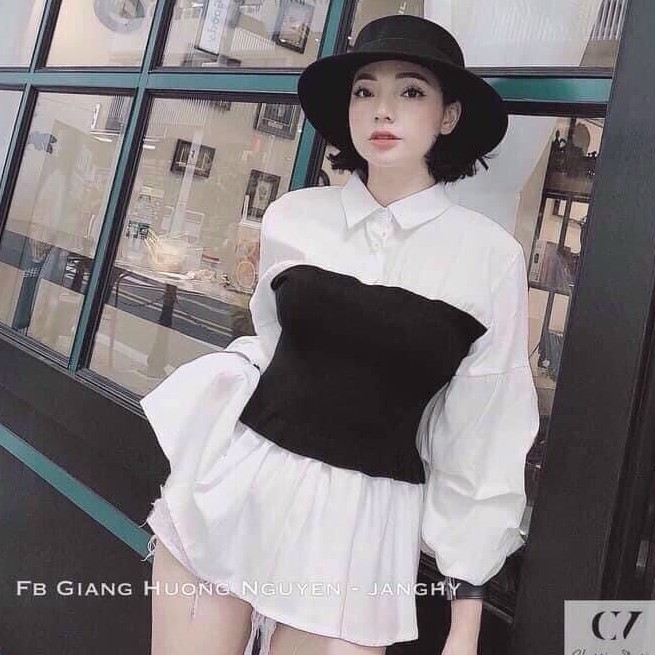 Áo sơ mi phối màu cổ bẻ kiểu babydoll xinh xắn