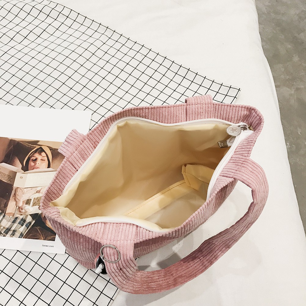 Túi tote vải corduroy in họa tiết chú gấu xinh xắn cho nữ