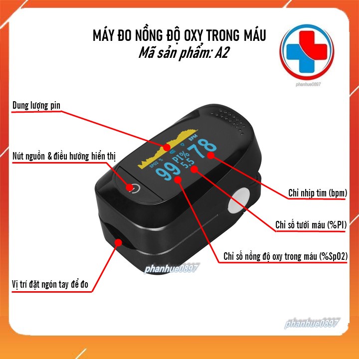 Máy đo nồng độ oxy trong máu/Máy Đo Spo2/PULSE FINGER OXIMETER/Màu đen/Màn hình TFT/Đo được 3 chỉ số/Tặng pin và dây đeo