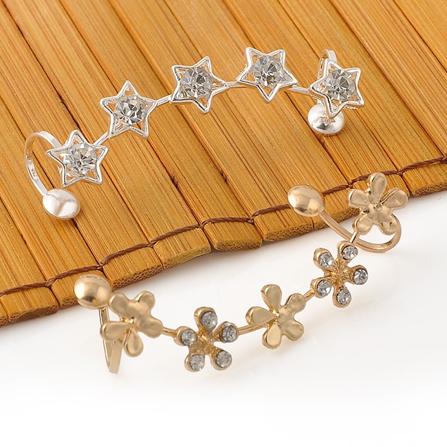Khuyên kẹp vành tai trang trí hoa/ ngôi sao đính đá nhân tạo phong cách cổ điển thời trang dành cho nữ