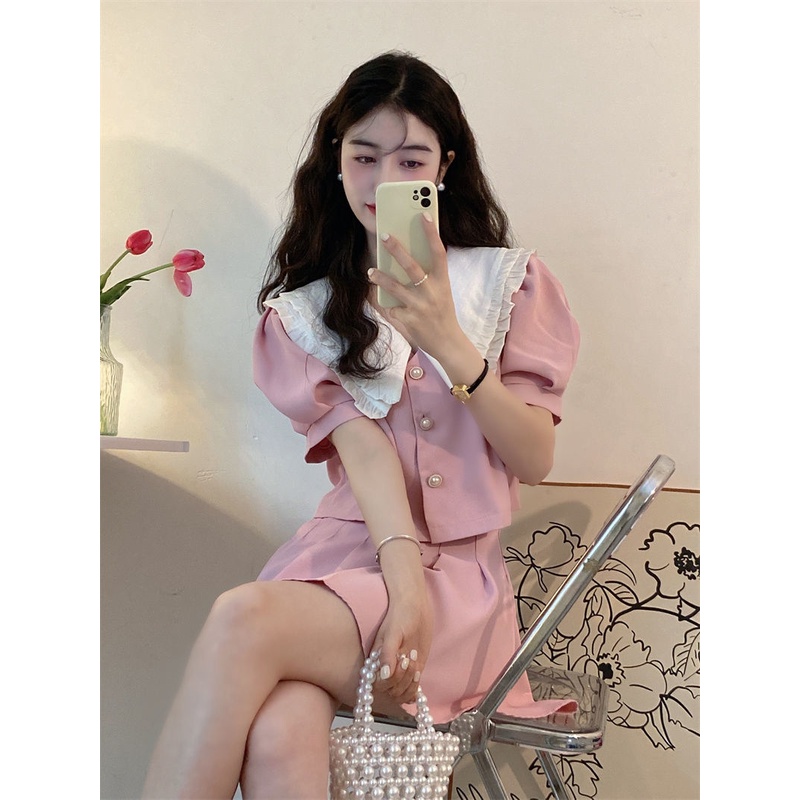 Set Áo Tay Phồng Cổ Búp Bê + Chân Váy Xếp Ly Lưng Cao Thời Trang Nữ