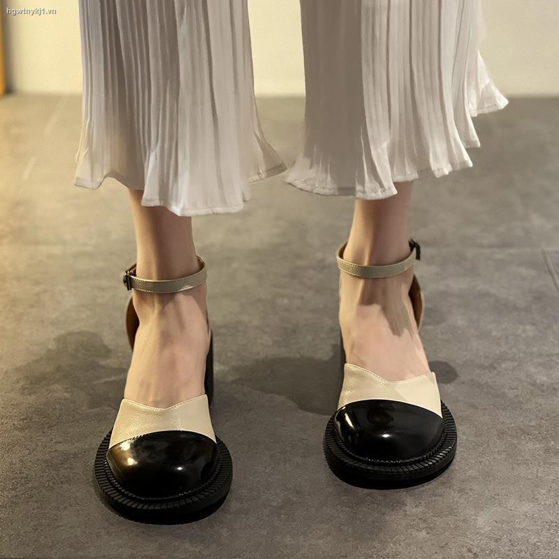 Giày sandal da mỏng cao gót thời trang Pháp mùa hè cho phái nữ