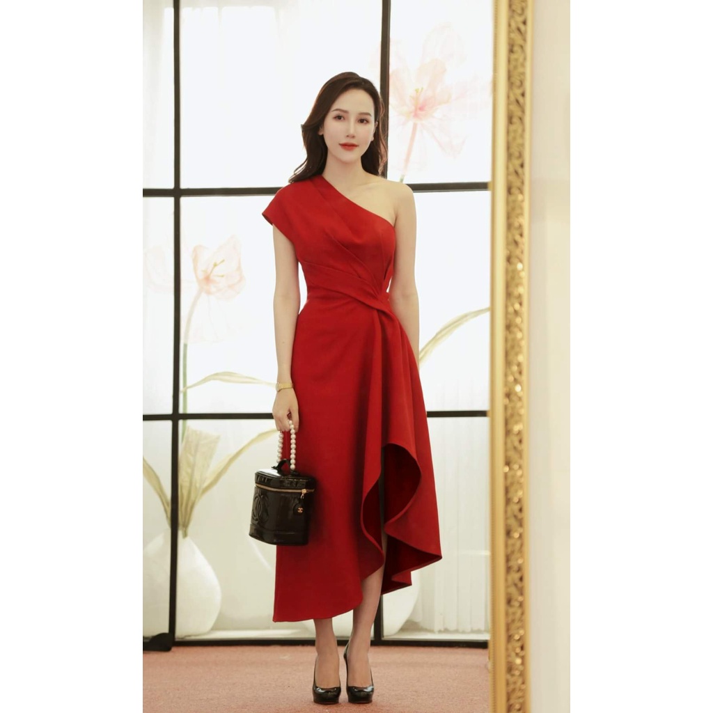 Đầm xòe kiểu lệch vai xếp ly eo xéo tà (HÀNG CAO CẤP)