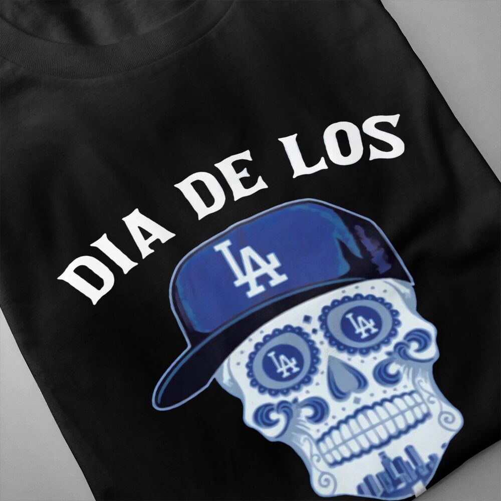 YAYALI 2020 New Dia De Los Dodgers La Skull Blue Usa Men's round neck T-shirt, breathable, suitable for jogging pants, fitness training pants, black