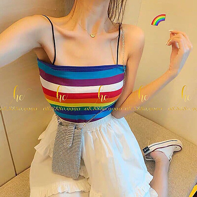 Áo 2 dây kẻ màu sắc cầu vồng nổi bật (rainbow) chất thun cotton siêu xinh Freesize 35-55kg