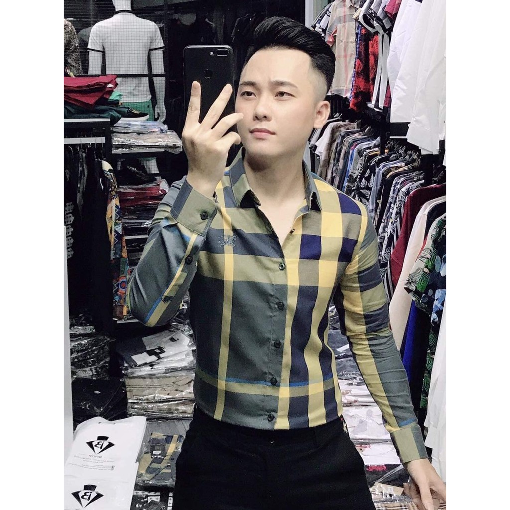 Áo Sơ Mi Nam Caro Lệch Thêu Logo Ngực Dài Tay Vải Lụa Cao Cấp, Áo Sơ Mi Dáng Ôm Form Body, T-man | BigBuy360 - bigbuy360.vn